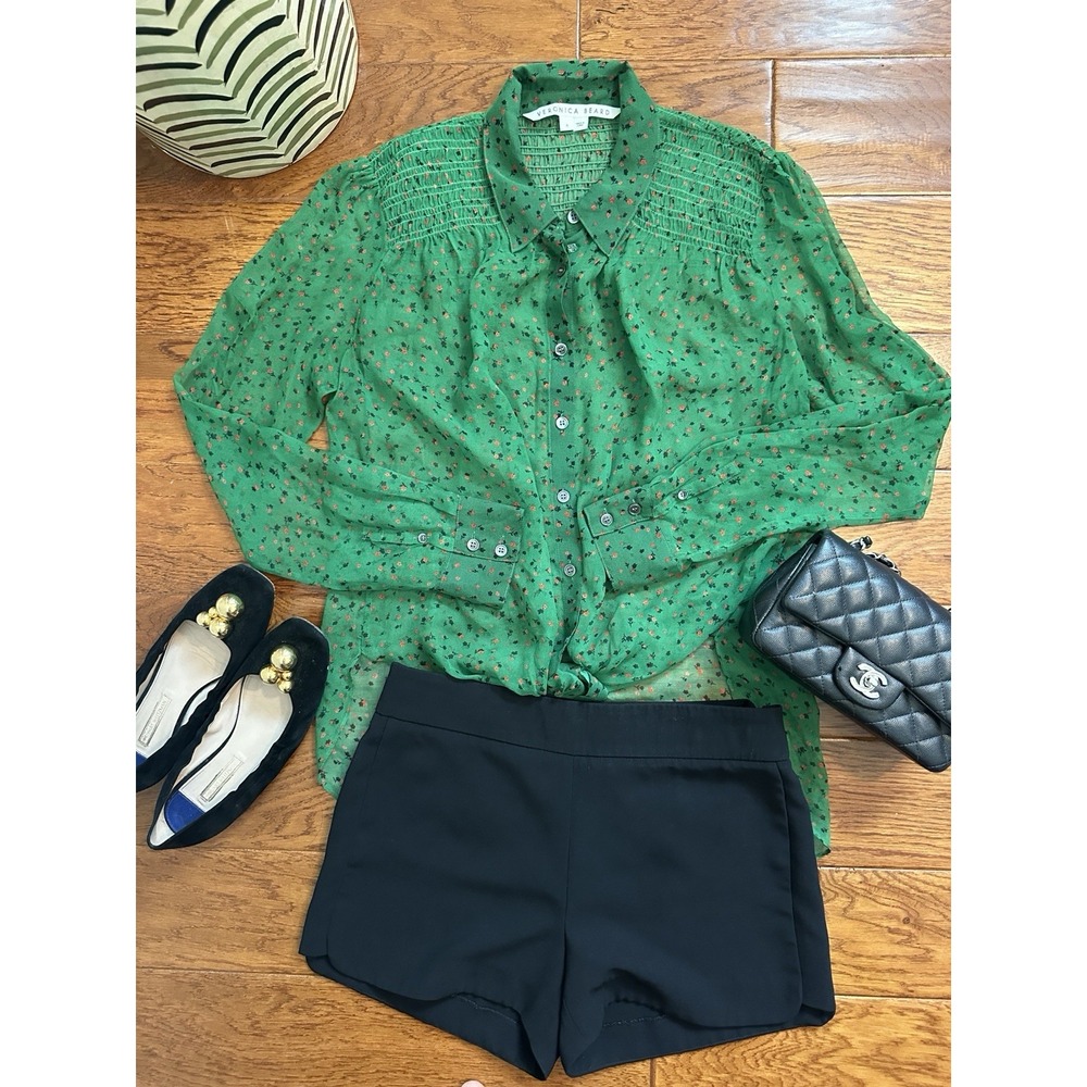 Veronica Beard Womens Size 6 Green Floral Smocked Long Sleeve Silk Chiffon
